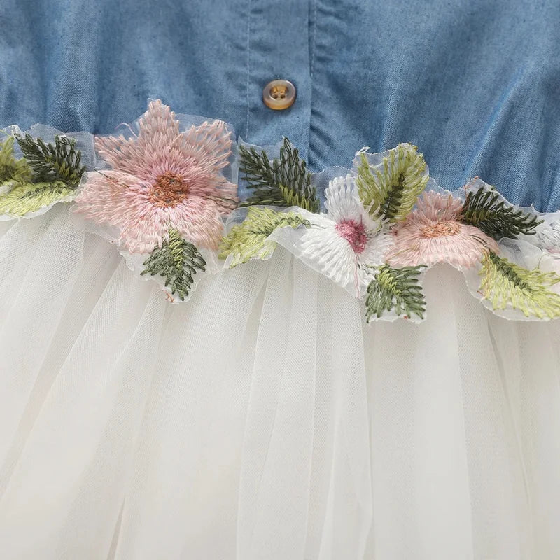 Vestido Infantil Jeans Tule Bordado Floral Manga Babado