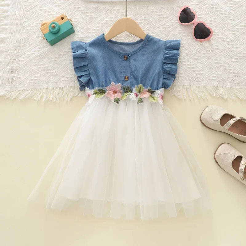 Vestido Infantil Jeans Tule Bordado Floral Manga Babado