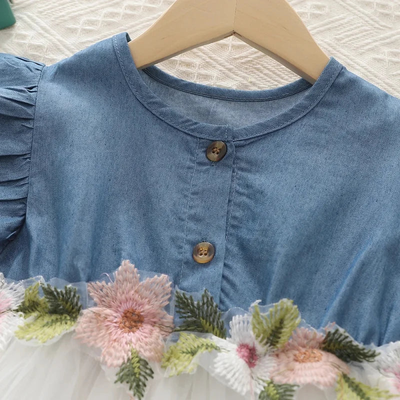 Vestido Infantil Jeans Tule Bordado Floral Manga Babado