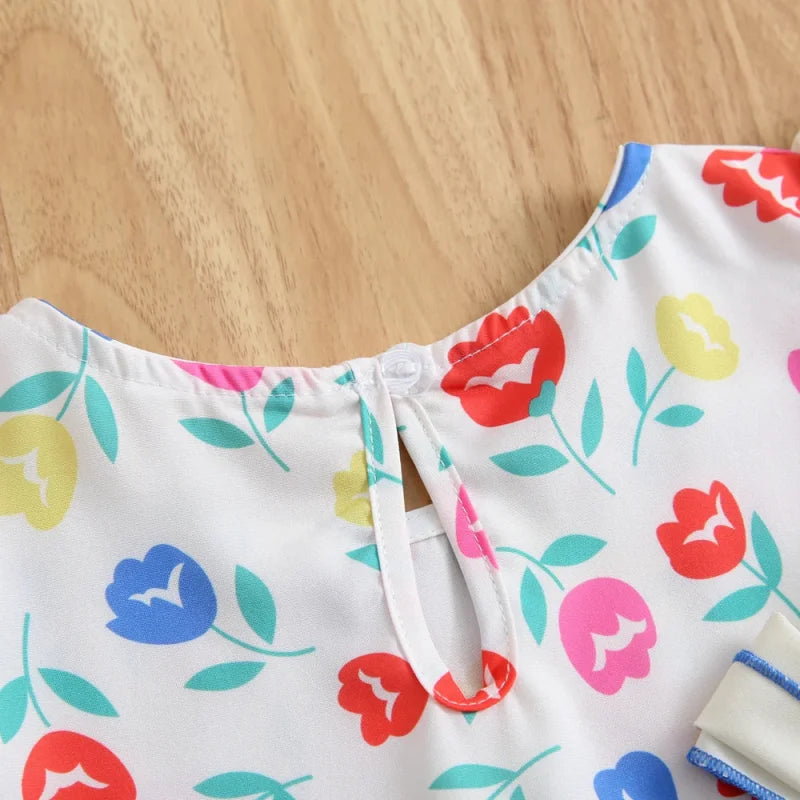 Vestido Infantil Floral Retrô com Laço e Manga Babado