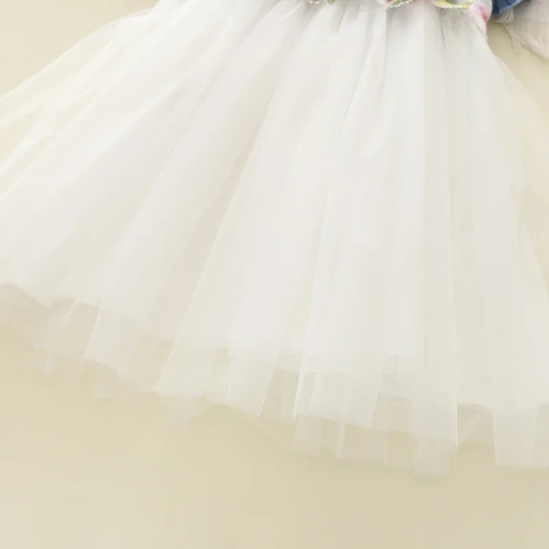 Vestido Infantil Jeans Tule Bordado Floral Manga Babado