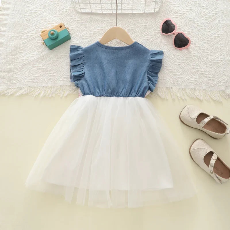 Vestido Infantil Jeans Tule Bordado Floral Manga Babado