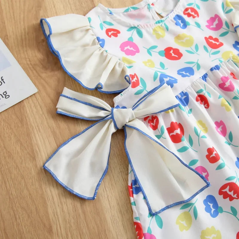 Vestido Infantil Floral Retrô com Laço e Manga Babado