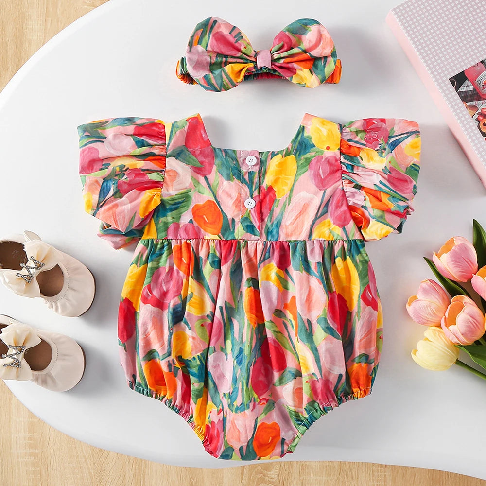 Conjunto Infantil “Tulipa Encantada” – Body com Mangas Bufantes + Faixa de Cabelo