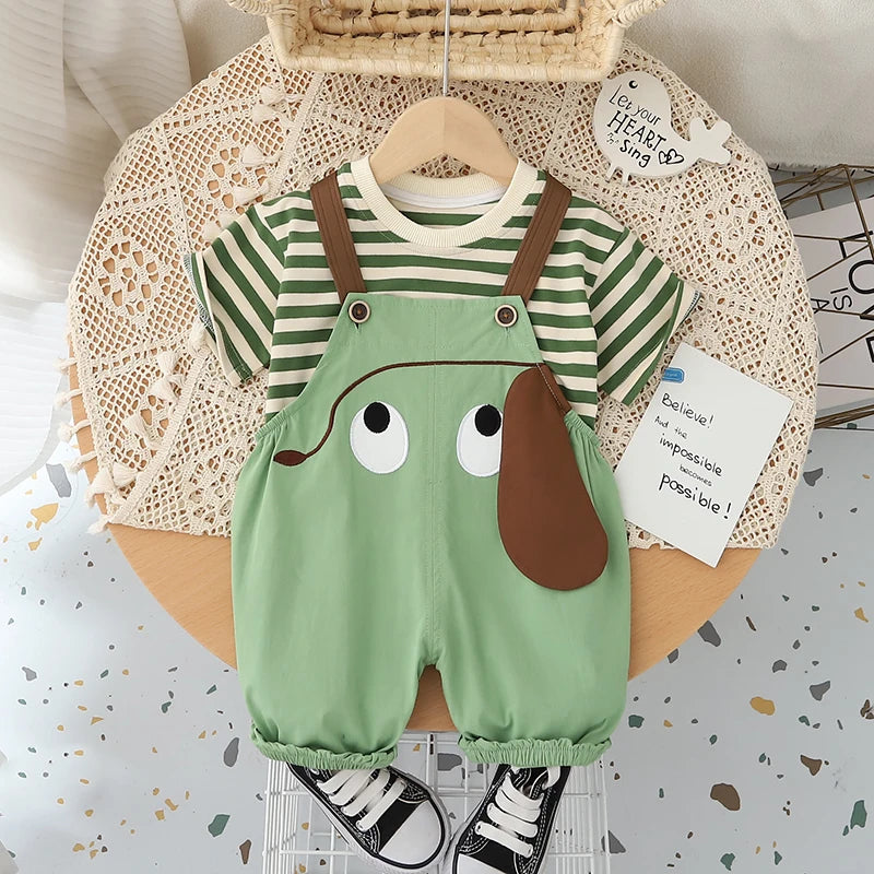 Conjunto Infantil Verão Camiseta Listrada + Jardineira 2 Peças