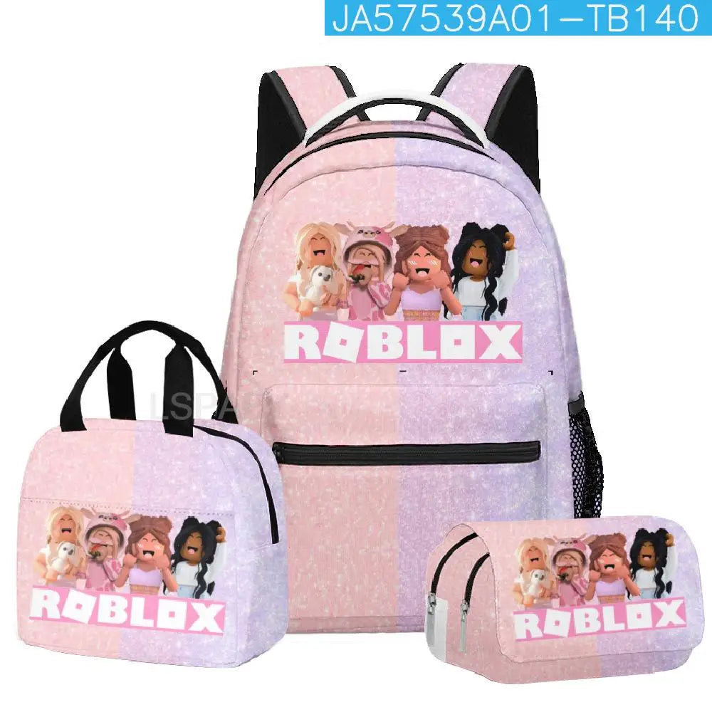 Kit Escolar Roblox 3 Peças – Mochila, Lancheira e Estojo Duplo para Meninas