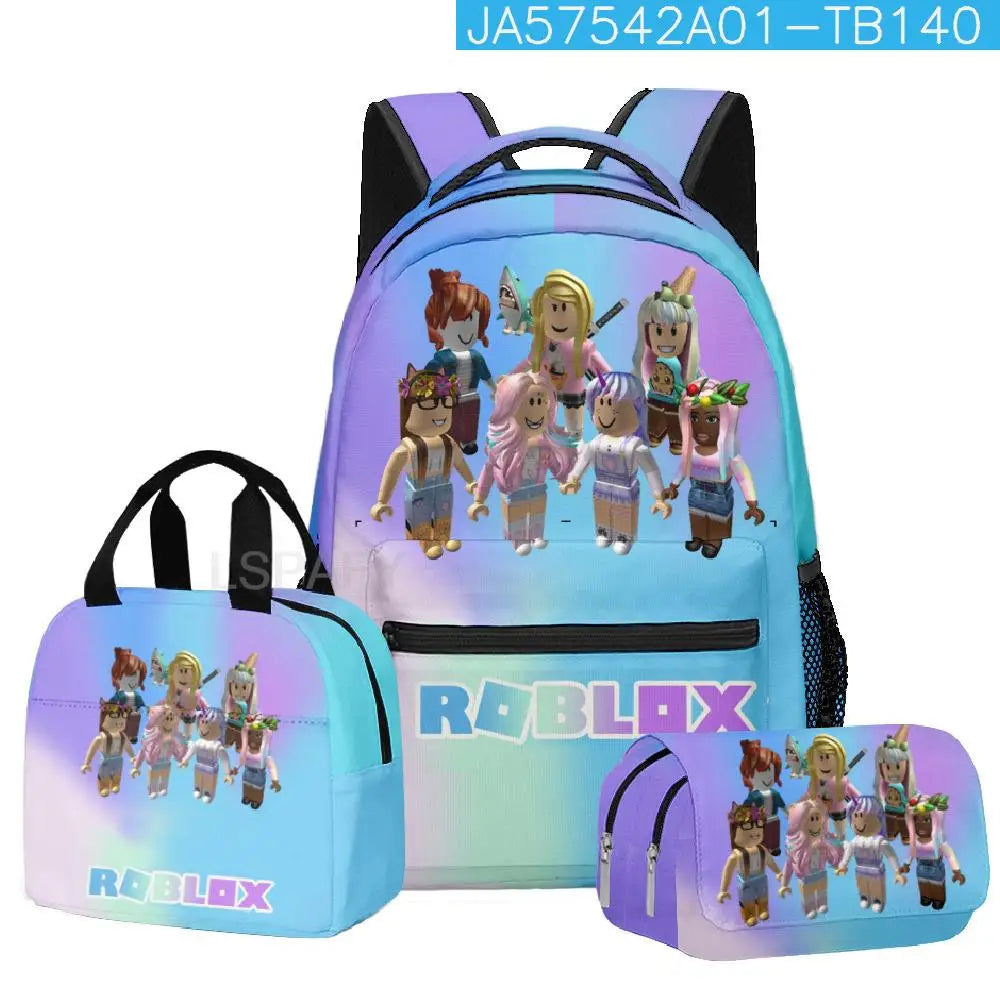 Kit Escolar Roblox 3 Peças – Mochila, Lancheira e Estojo Duplo para Meninas