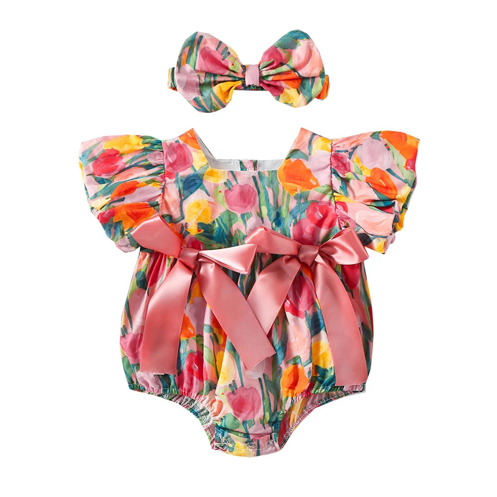 Conjunto Infantil “Tulipa Encantada” – Body com Mangas Bufantes + Faixa de Cabelo