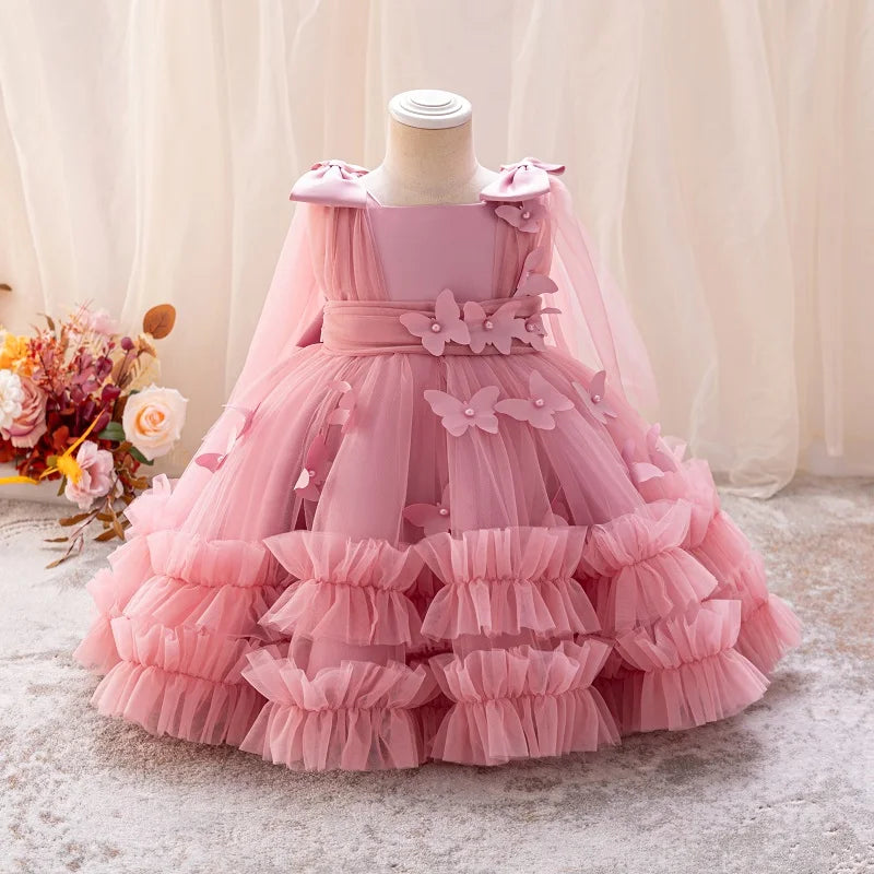 Vestido de Princesa – Modelo Sem Manga com Borboletas 3D em Tule para Casamentos e Festas