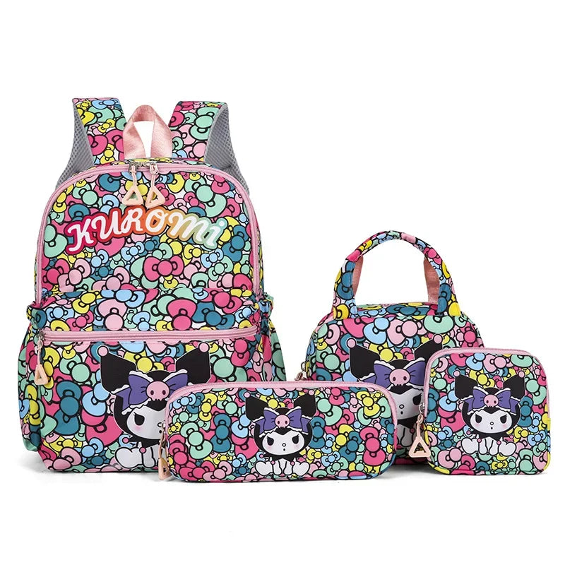 Kit 4 em 1 Kuromi & Hello Kitty – Mochila Escolar + Estojo + Bolsa Tiracolo + Carteira