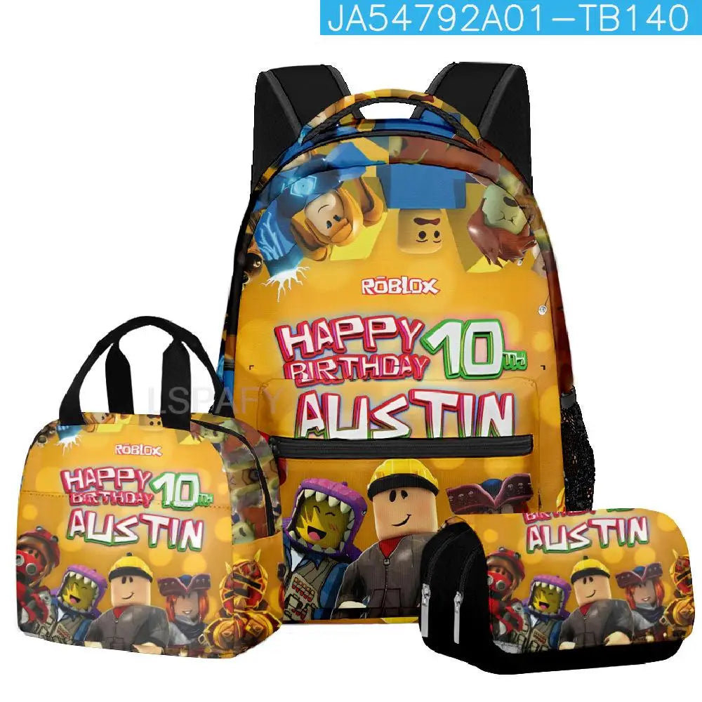 Kit Escolar Roblox 3 Peças – Mochila, Lancheira e Estojo Duplo para Meninas
