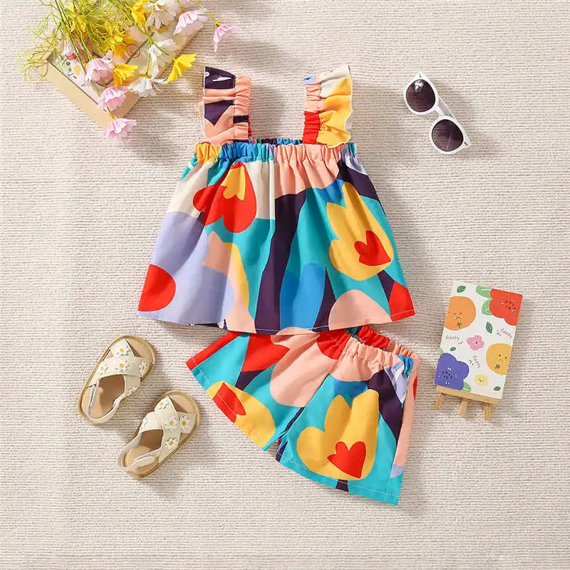 Conjunto Verão Infantil “Arte Colorida” – Blusa com Mangas Voadores + Shorts Estampados