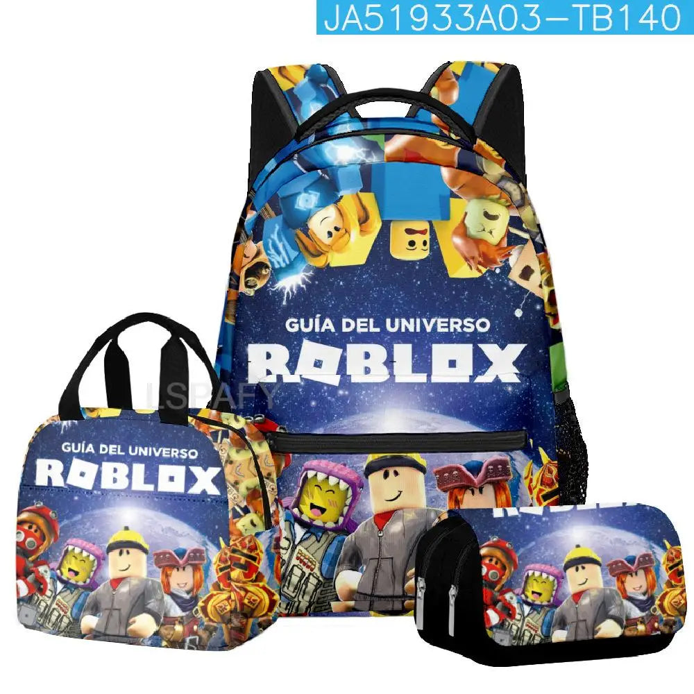 Kit Escolar Roblox 3 Peças – Mochila, Lancheira e Estojo Duplo para Meninas