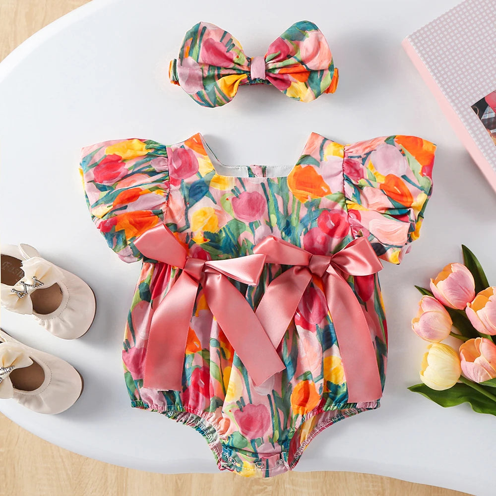 Conjunto Infantil “Tulipa Encantada” – Body com Mangas Bufantes + Faixa de Cabelo