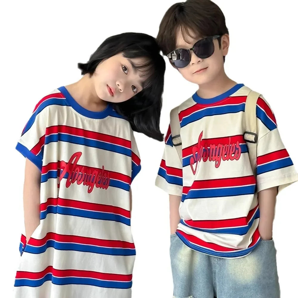 Conjunto Infantil Listrado Colorido – Camiseta Manga Curta + Vestido Médio Unissex