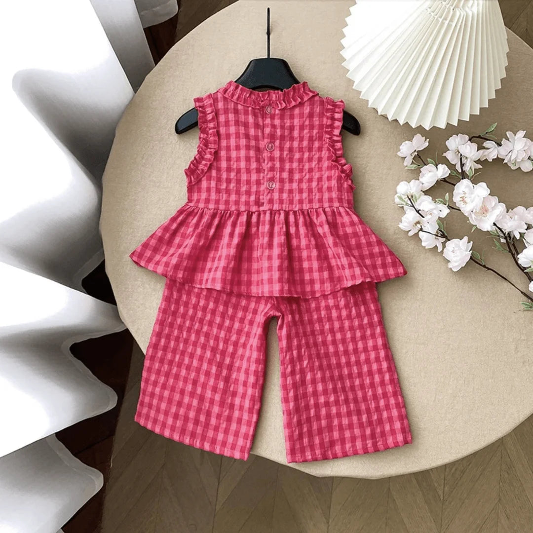 Conjunto Infantil Lara – Blusa Rendinha + Calça Pantalona Xadrez