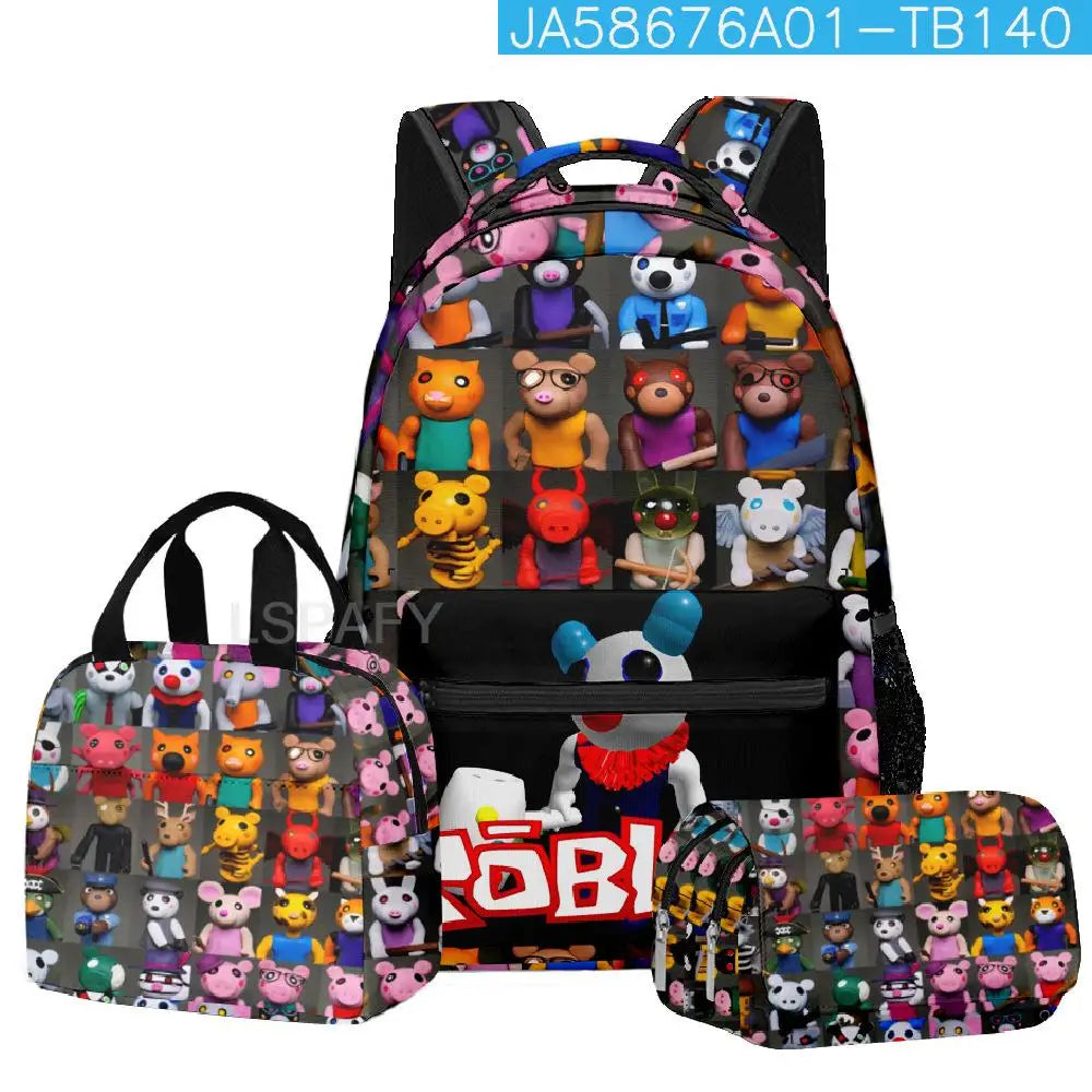 Kit Escolar Roblox 3 Peças – Mochila, Lancheira e Estojo Duplo para Meninas