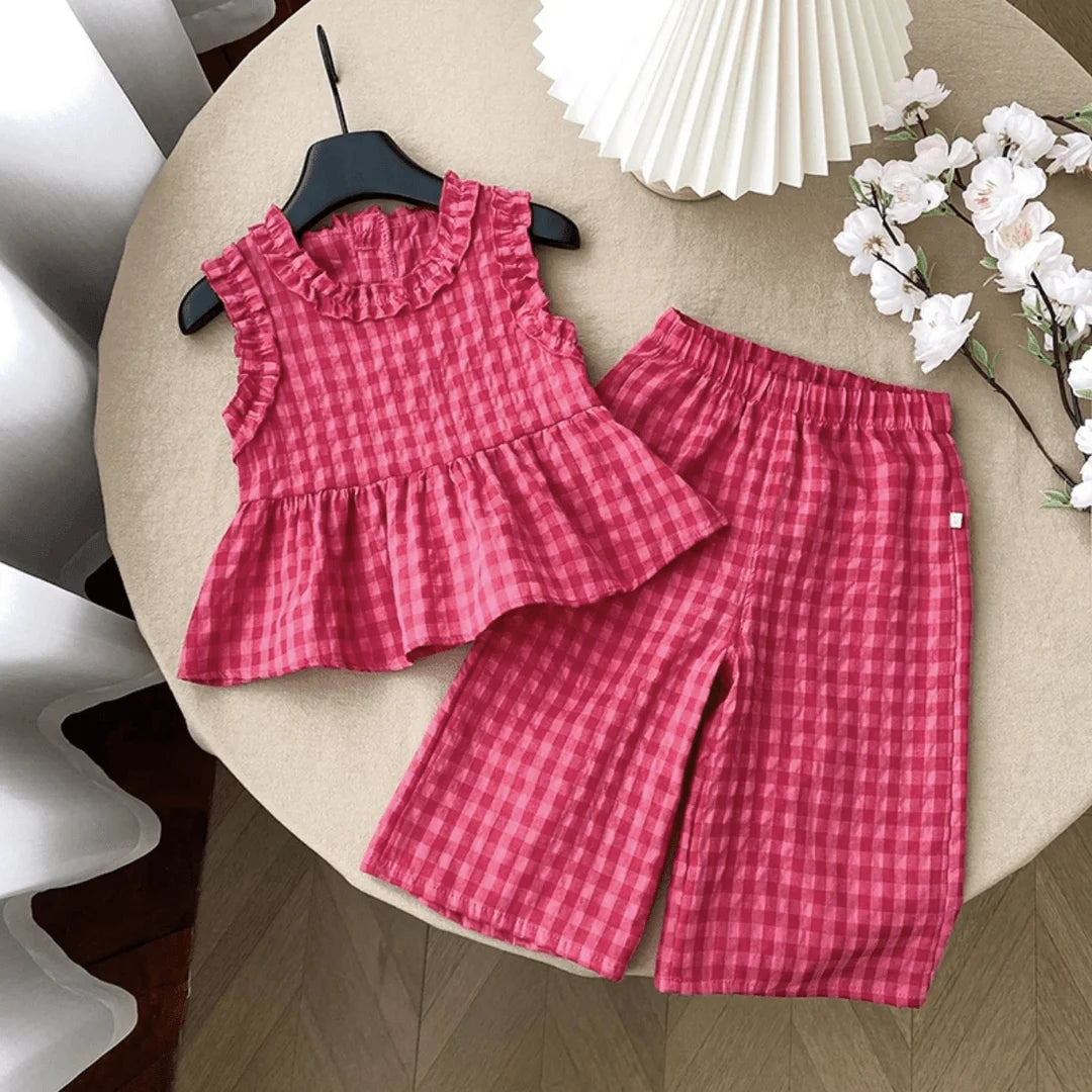 Conjunto Infantil Lara – Blusa Rendinha + Calça Pantalona Xadrez