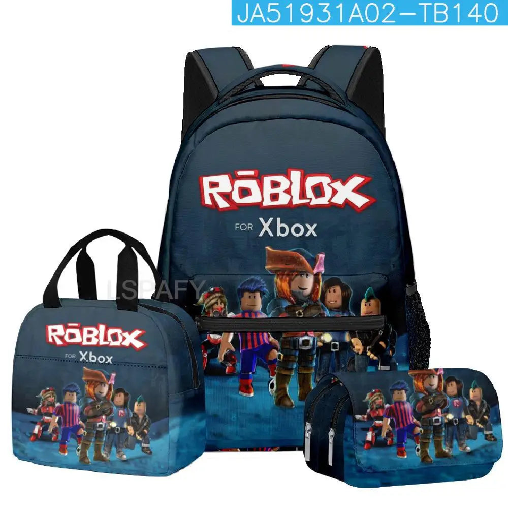 Kit Escolar Roblox 3 Peças – Mochila, Lancheira e Estojo Duplo para Meninas