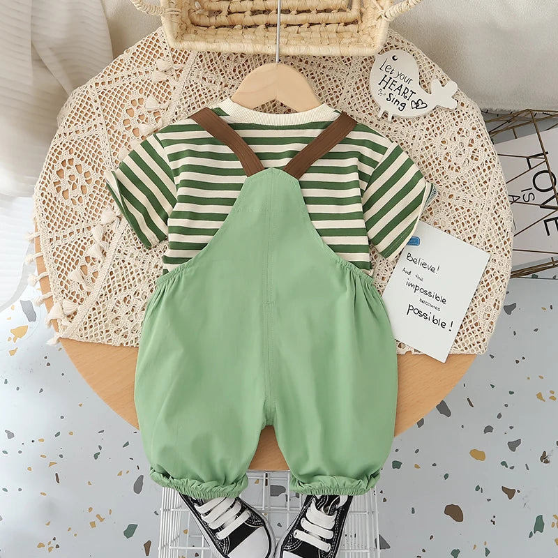Conjunto Infantil Verão Camiseta Listrada + Jardineira 2 Peças