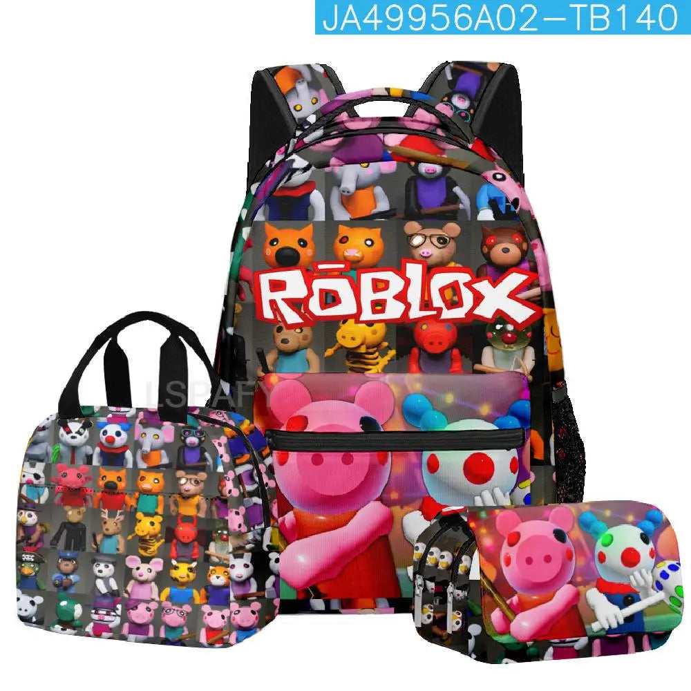 Kit Escolar Roblox 3 Peças – Mochila, Lancheira e Estojo Duplo para Meninas