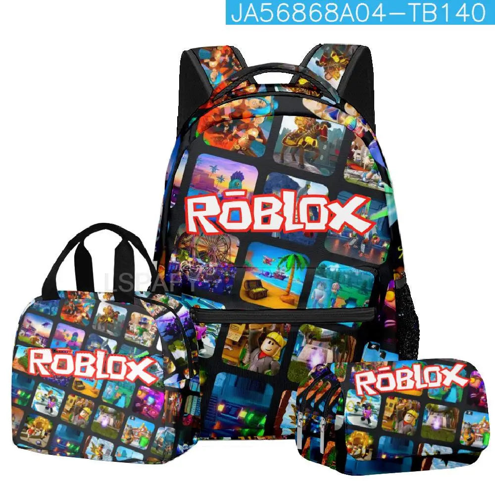 Kit Escolar Roblox 3 Peças – Mochila, Lancheira e Estojo Duplo para Meninas