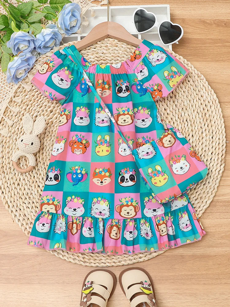 Vestido Infantil “Amiguinha Fashion” – Com Bolsa de Ombro Estampa Animal