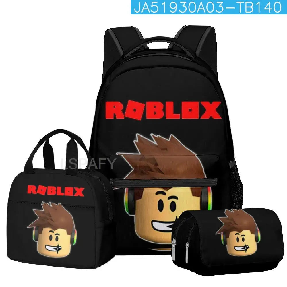 Kit Escolar Roblox 3 Peças – Mochila, Lancheira e Estojo Duplo para Meninas