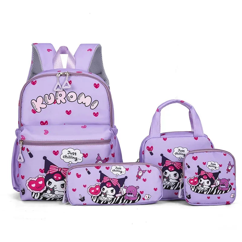 Kit 4 em 1 Kuromi & Hello Kitty – Mochila Escolar + Estojo + Bolsa Tiracolo + Carteira