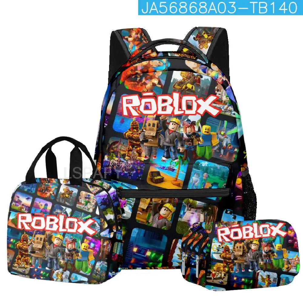 Kit Escolar Roblox 3 Peças – Mochila, Lancheira e Estojo Duplo para Meninas