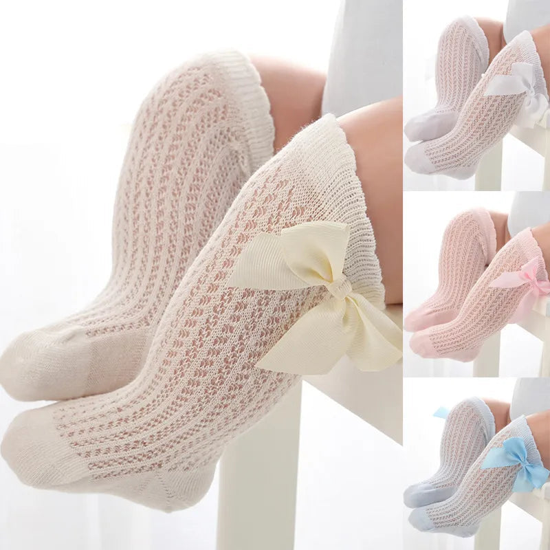 Kit 3 Pares de Meias de Verão para Bebês Meninas – Modelo “Princesinha Respirável” com Laço em Algodão e Tule