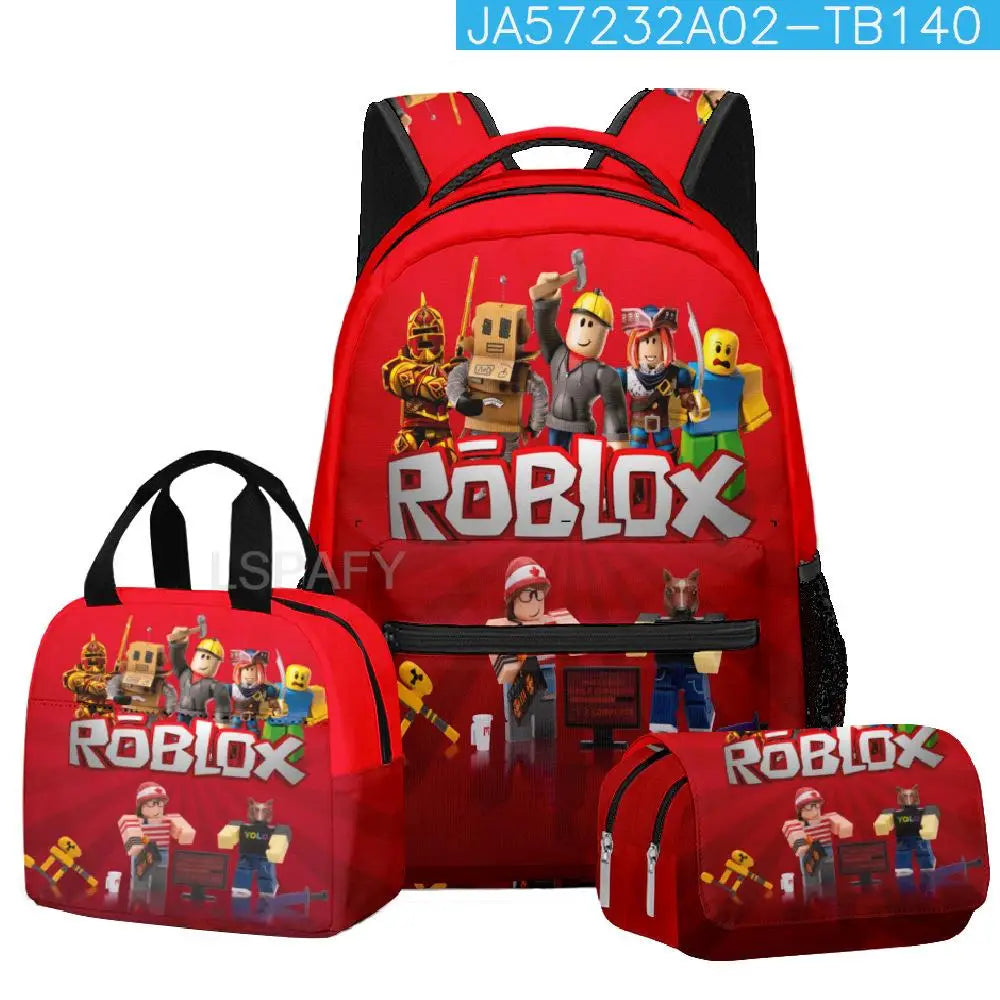 Kit Escolar Roblox 3 Peças – Mochila, Lancheira e Estojo Duplo para Meninas