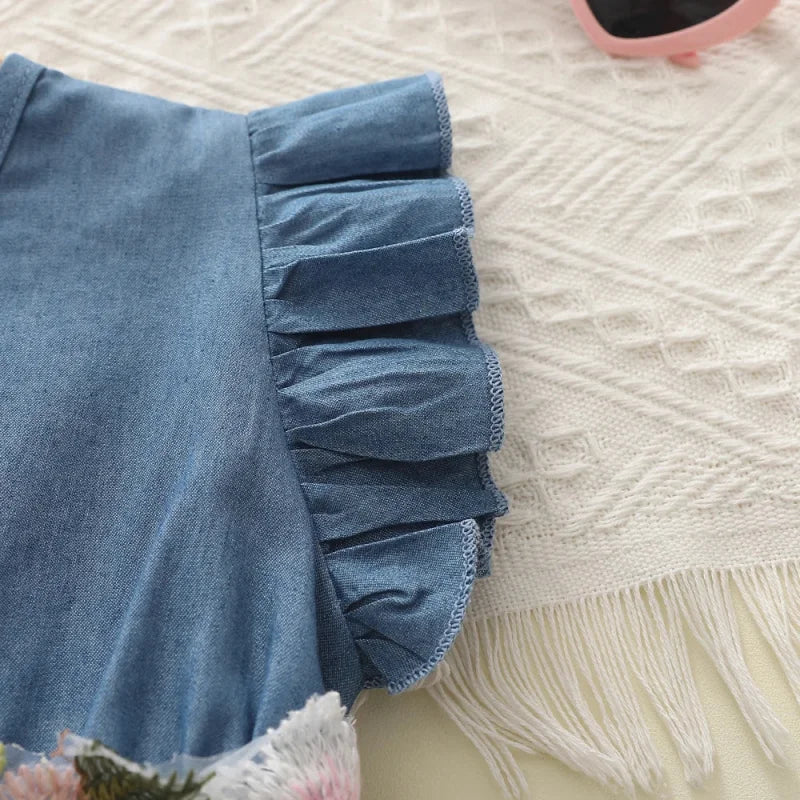 Vestido Infantil Jeans Tule Bordado Floral Manga Babado