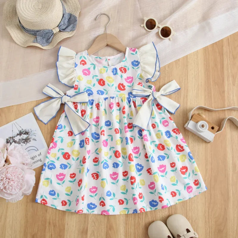Vestido Infantil Floral Retrô com Laço e Manga Babado