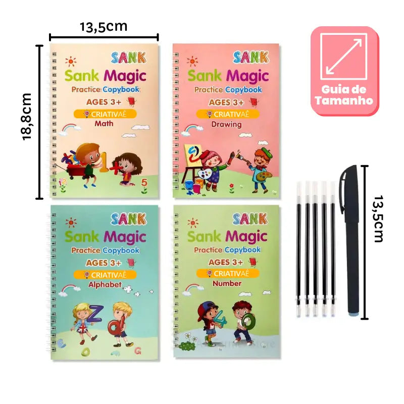 KIT com 4 Cadernos de Caligrafia Mágicos Reutilizáveis