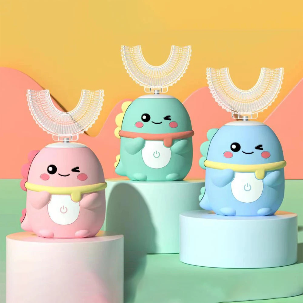 Escova Dental Infantil Elétrica 360° em Formato U – Sonôrica, Recarregável, Com Luz Azul e Timer Inteligente