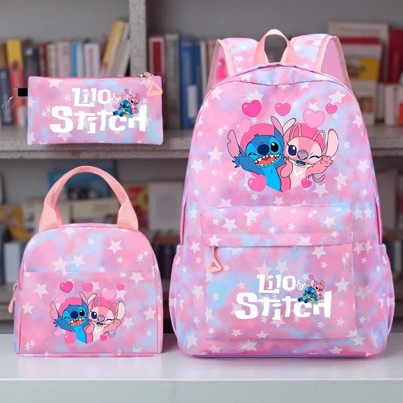 Mochila Stitch Escolar com Bolsa Tote e Estojo – Conjunto Leve, Grande Capacidade em Nylon para Escola, Trabalho e Viagens
