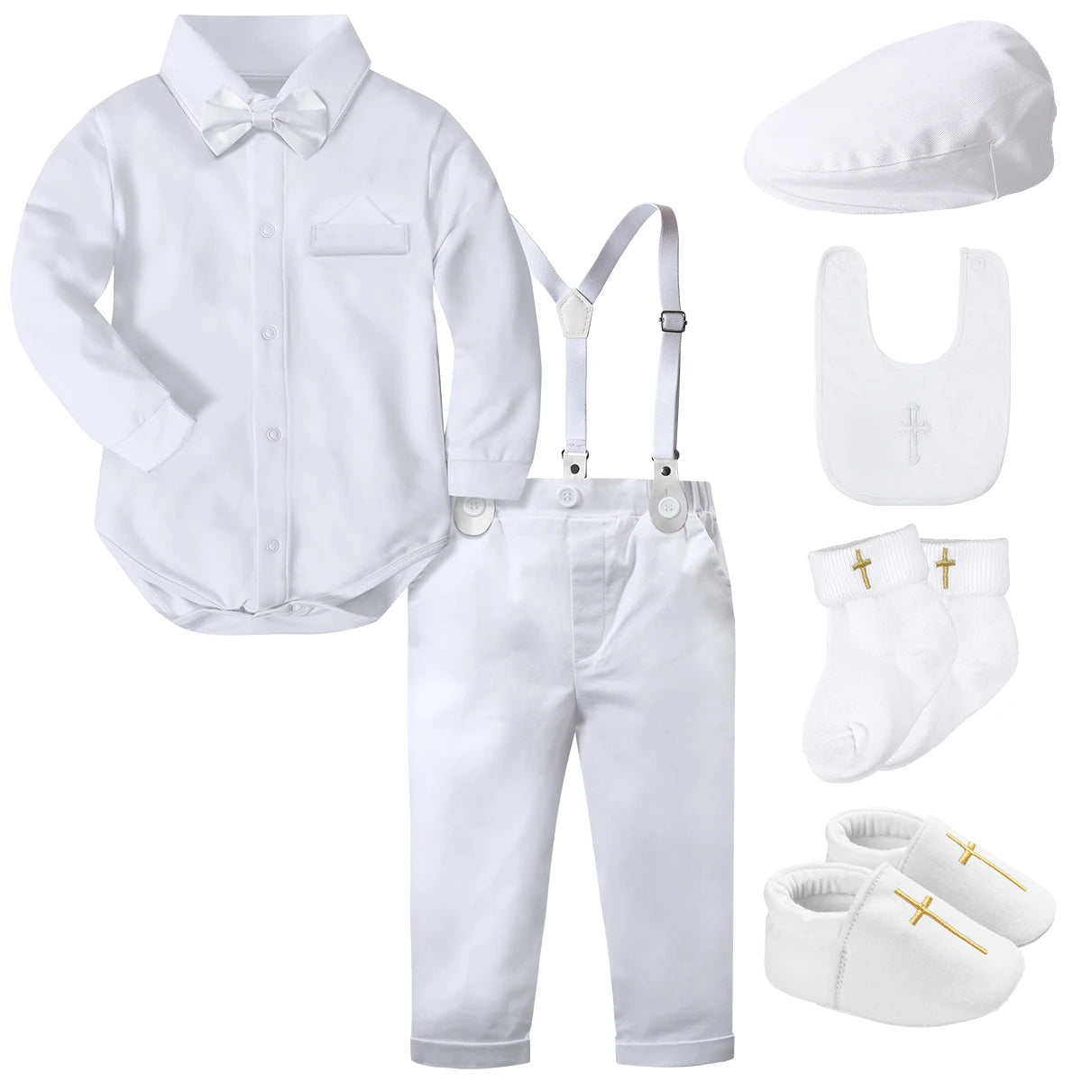 Conjunto Batizado Menino – Look Social com Suspensório e Gravata Borboleta