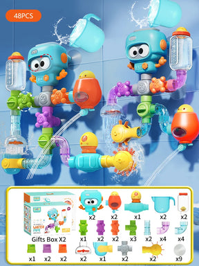Kit de Brinquedos de Banho com Tubos e Polvo Giratório – Jogo de Água Interativo para Crianças a Partir de 3 Anos