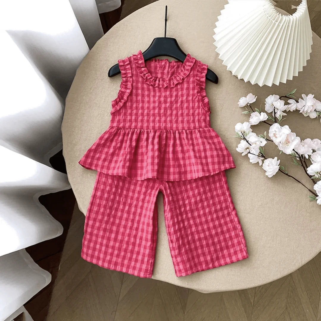 Conjunto Infantil Lara – Blusa Rendinha + Calça Pantalona Xadrez
