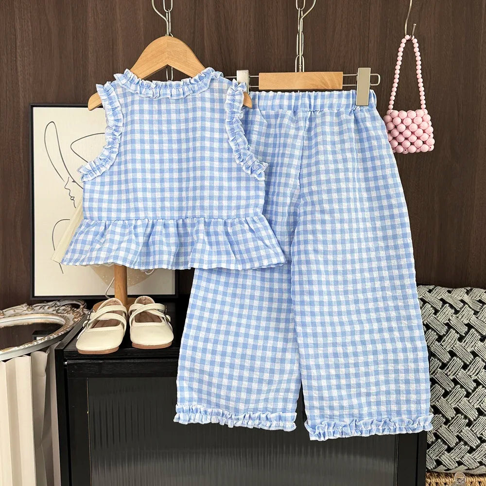 Conjunto Helena – Blusinha Xadrez com Botões + Calça Infantil Casual