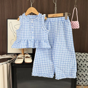 Conjunto Helena – Blusinha Xadrez com Botões + Calça Infantil Casual