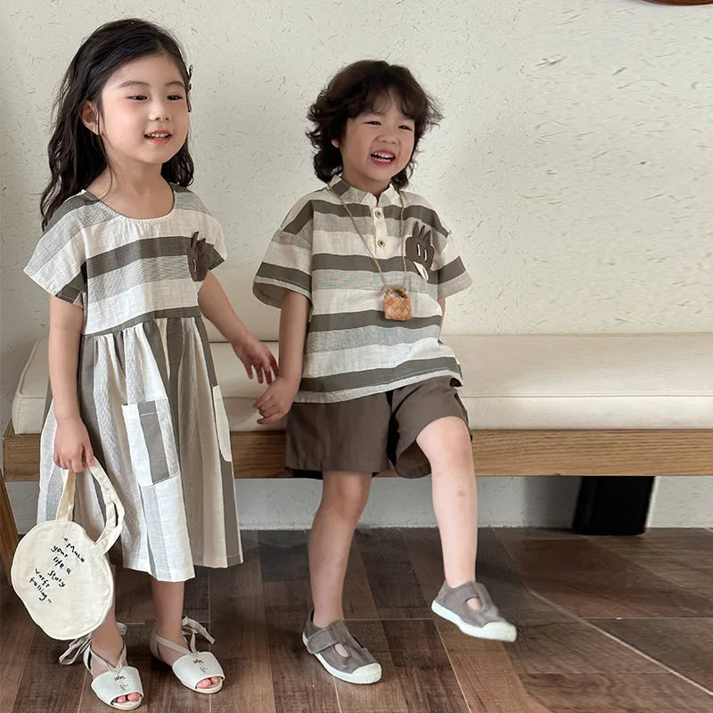 Conjunto Infantil de Verão MILANCEL – Camiseta Listrada com Shorts ou Vestido Cartoon