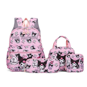 Kit 4 em 1 Kuromi & Hello Kitty – Mochila Escolar + Estojo + Bolsa Tiracolo + Carteira