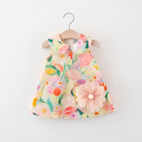 Conjunto Verão 2 Peças para Bebê Menina – Vestido de Algodão com Gola Boneca e Bolsa Transversal de Flor Grande