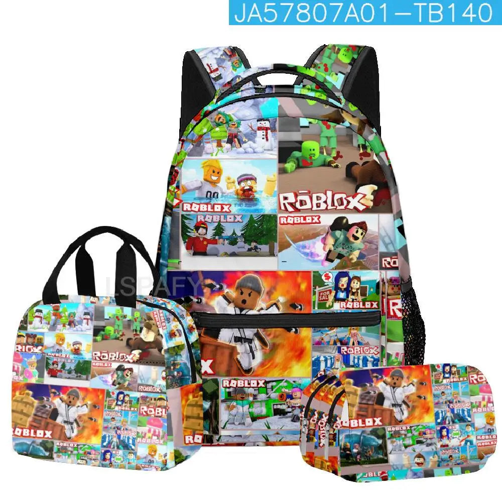 Kit Escolar Roblox 3 Peças – Mochila, Lancheira e Estojo Duplo para Meninas
