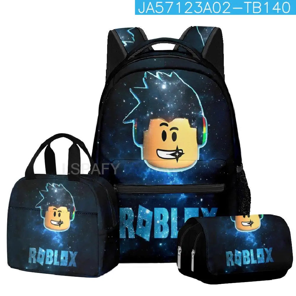 Kit Escolar Roblox 3 Peças – Mochila, Lancheira e Estojo Duplo para Meninas