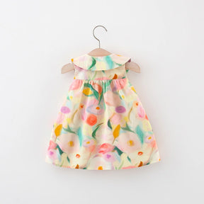 Conjunto Verão 2 Peças para Bebê Menina – Vestido de Algodão com Gola Boneca e Bolsa Transversal de Flor Grande