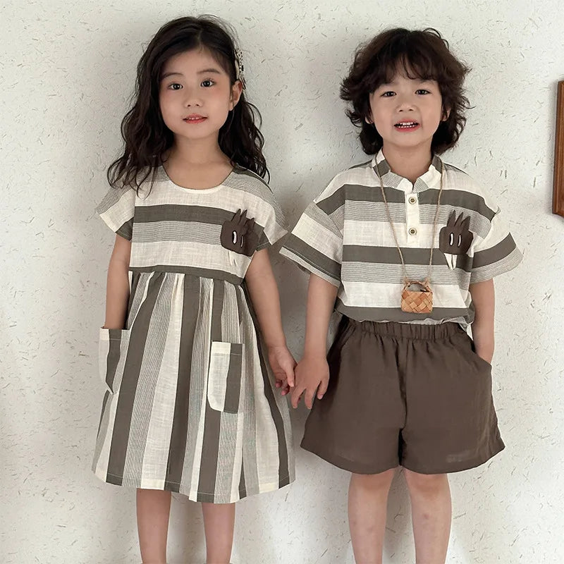 Conjunto Infantil de Verão MILANCEL – Camiseta Listrada com Shorts ou Vestido Cartoon