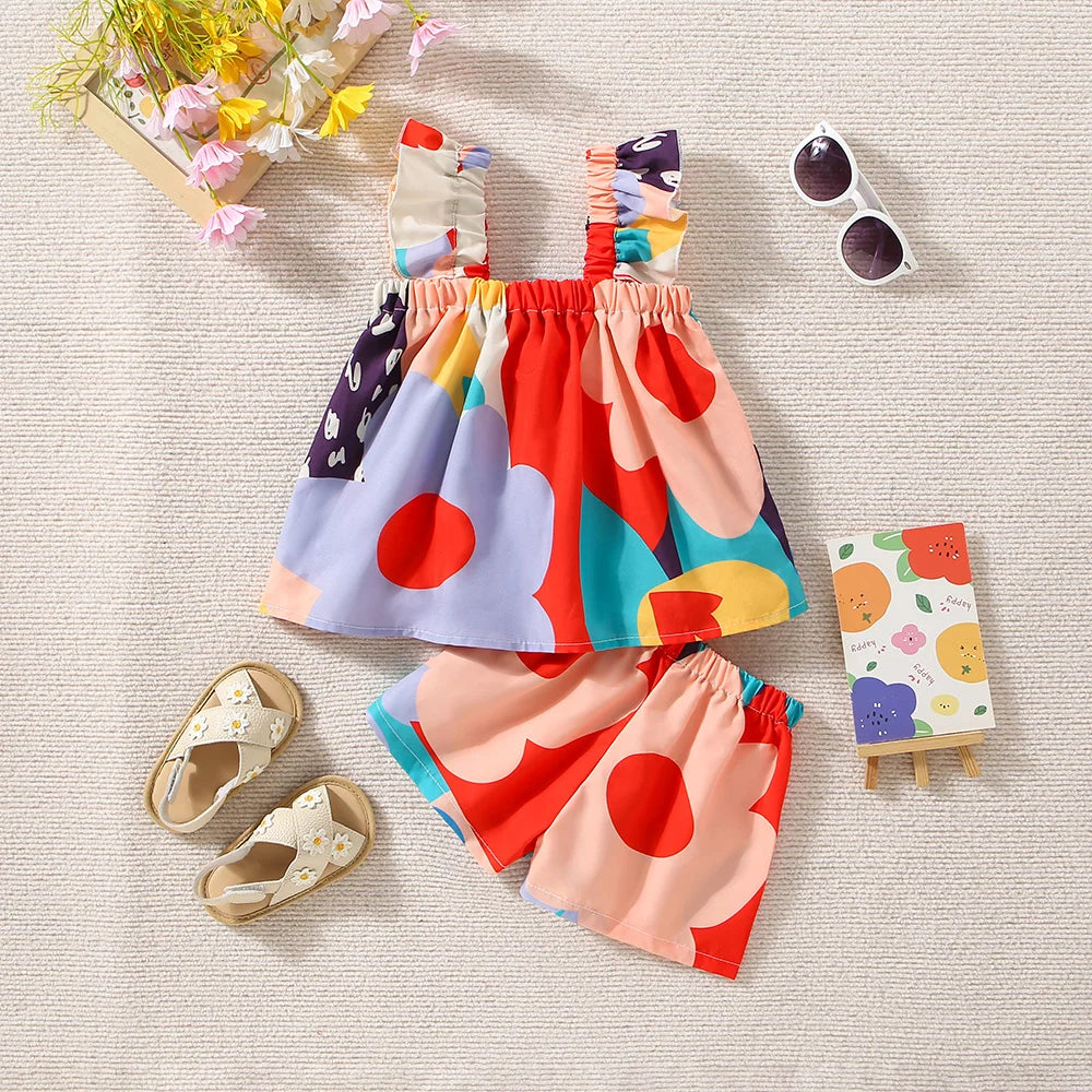 Conjunto Verão Infantil “Arte Colorida” – Blusa com Mangas Voadores + Shorts Estampados